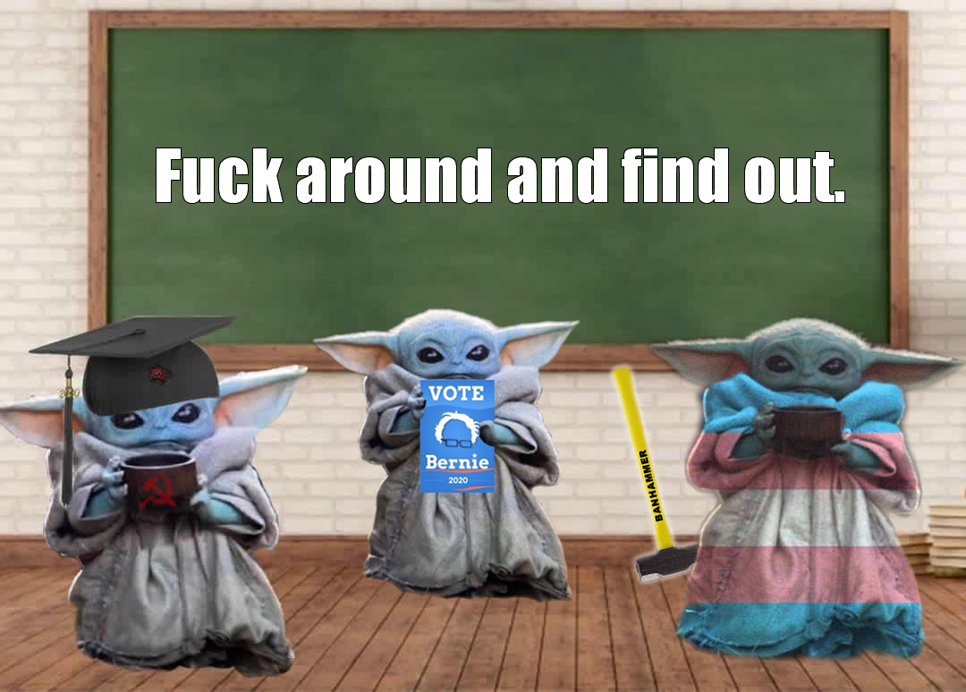 The meme features a group of Baby Yoda characters from the Star Wars franchise, each holding a different sign or symbolizing a specific ideology. The text "F*** around and find out" is written above the characters, which is a phrase often used to warn someone that their actions will have consequences.